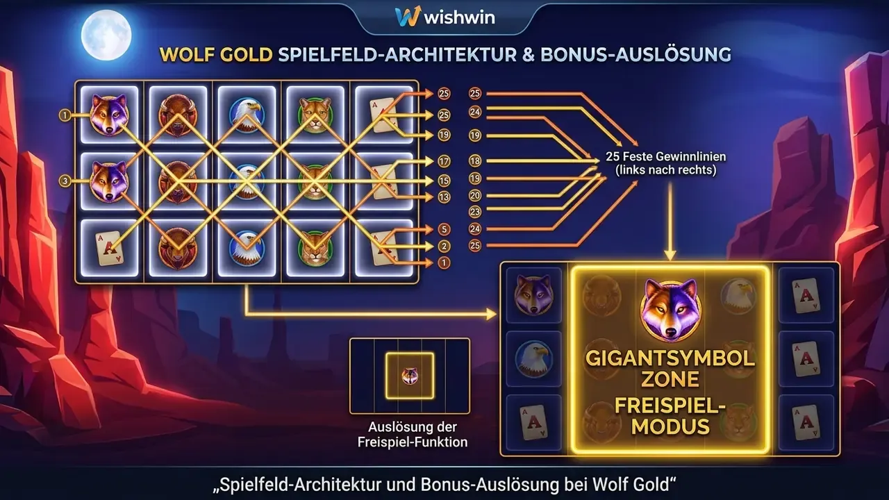 Wolf Gold Slot Spielfeldaufbau und Gewinnlinien