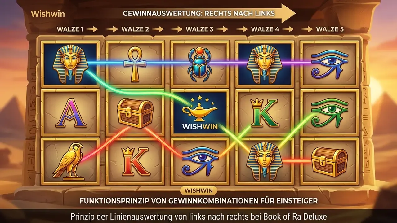 Spielfeldaufbau 5x3 von Book of Ra Deluxe mit zehn Gewinnlinien